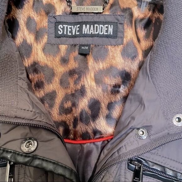 STEVE Madden Quilted Coat Gray Leopard Lining Zip Knee Length Womens M - Picture 4 of 9